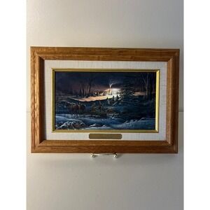 Terry Redlin A Helping Hand Framed Linen Plaque Oak Frame Winter Scene 14x9